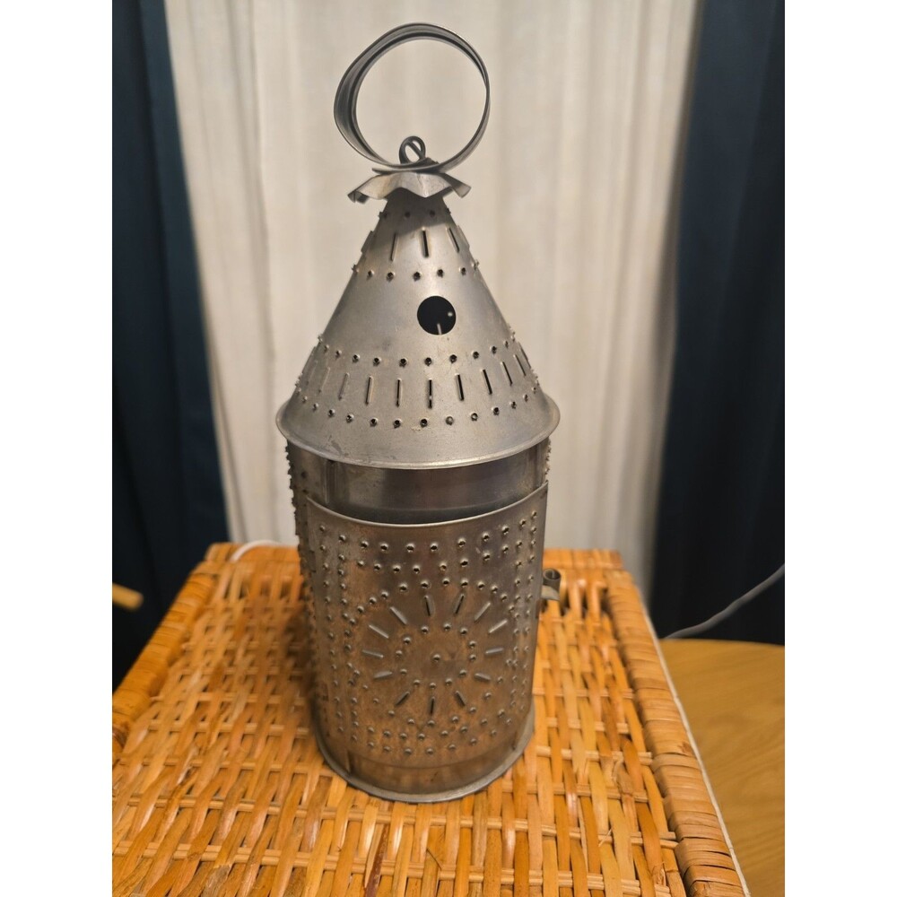 Primitive Antique  Punched Tin Sunburst Candle Lantern 13” Revere Style